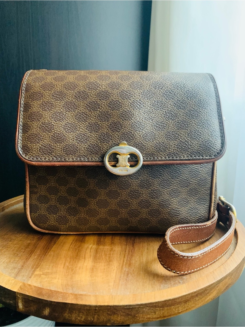Celine Triomphe Macadam Monogram Canvas Mini Crossbody Brown with Tan Trim - Picture 2 of 15